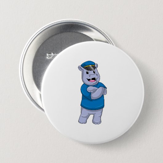 警察帽を被った警察官としてのカバ 缶バッジ (正面&裏面)