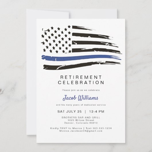 警察水色薄い青い線のフラグ退職 招待状 (正面)