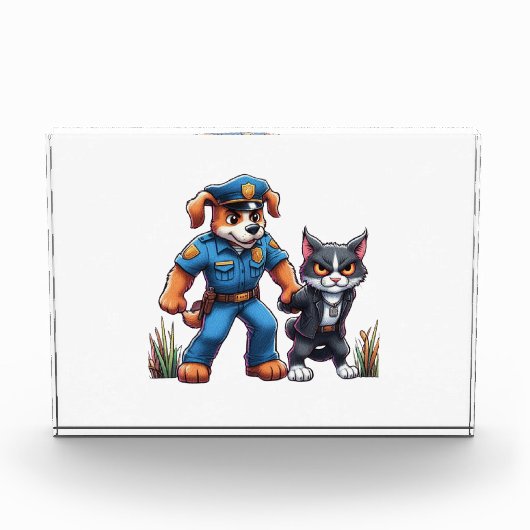警察犬と卑劣な猫 – ユーモア フォトブロック (正面)