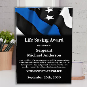 警察生命救のパーソナライズされた細い青い線 表彰盾