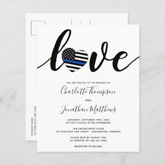 警察結婚の細いブルーライン予算招待状 (正面/裏面)