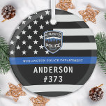 警察署カスタムのロゴブルー法執行部 ガラスオーナメント<br><div class="desc">シンブルーライン警察部クリスマスオーナメント – 米国国旗の色、黒モダンと青のデザイン。部門のロカスタマイズゴを使用し、警察官の名前とバッジ番号でパーソナライズ。この法パーソナライズされた執行オーナメントは、警察署や法執行役員、ストッキングのスタッフや警察官へのクリスマスプレゼントに最適である。これらの警察のオーナメントを注文する大規模な大規模な警察学校や警察部門のギフト、警察のクリスマスのストッキングのスタッファー。COPYRIGHT © 2020 Judy Burrows,  Black Dog Art - All Rights Reserved.警察部カスタムロゴブルー法執行ガラスオーナメント</div>