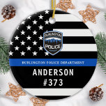 警察署カスタムのロゴブルー法執行部 セラミックオーナメント<br><div class="desc">シンブルーライン警察部クリスマスオーナメント – 米国国旗の色、黒モダンと青のデザイン。部門のロカスタマイズゴを使用し、警察官の名前とバッジ番号でパーソナライズ。この法パーソナライズされた執行オーナメントは、警察署や法執行役員、ストッキングのスタッフや警察官へのクリスマスプレゼントに最適である。これらの警察のオーナメントを注文する大規模な大規模な警察学校や警察部門のギフト、警察のクリスマスのストッキングのスタッファー。COPYRIGHT © 2020 Judy Burrows,  Black Dog Art - All Rights Reserved.警察部カスタムロゴブルー法執行陶磁オーナメント</div>