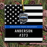 警察署ブルーカスタムロゴ法執行部 セラミックオーナメント<br><div class="desc">シンブルーライン警察部クリスマスオーナメント – 米国国旗の色、黒モダンと青のデザイン。部門のロカスタマイズゴを使用し、警察官の名前とバッジ番号でパーソナライズ。この法パーソナライズされた執行オーナメントは、警察署や法執行役員、ストッキングのスタッフや警察官へのクリスマスプレゼントに最適である。これらの警察のオーナメントを注文する大規模な大規模な警察学校や警察部門のギフト、警察のクリスマスのストッキングのスタッファー。COPYRIGHT © 2020 Judy Burrows,  Black Dog Art - All Rights Reserved.警察部カスタムロゴブルー法執行陶磁オーナメント</div>