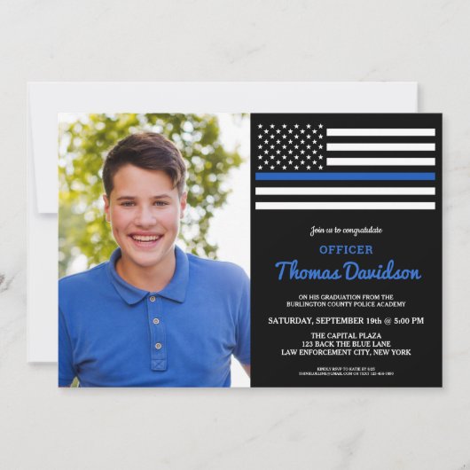 警察署モダン員カスタム写真卒業インビ 招待状 (正面)