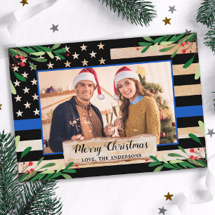警察薄型ブルーラインアメリカ国旗のクリスマス シーズンカード