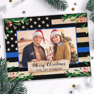 警察薄型ブルーラインアメリカ国旗のクリスマス シーズンポストカード