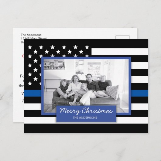 警察薄型ブルーラインアメリカ国旗の写真 シーズンポストカード (正面/裏面)