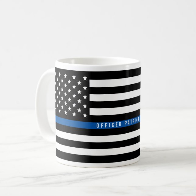 警察薄型ブルーラインアメリカ国旗の名前の追加 コーヒーマグカップ (正面左)