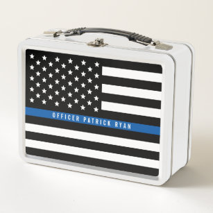 警察薄型ブルーラインアメリカ国旗の名前の追加 メタルランチボックス