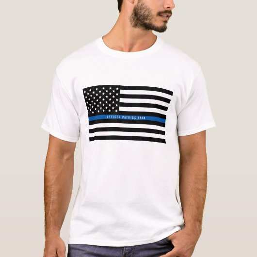 警察薄型ブルーラインアメリカ国旗の名前の追加 Tシャツ (正面)