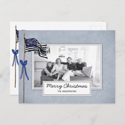 警察薄型ブルーラインアメリカ国旗の家族の写真 シーズンポストカード (正面/裏面)