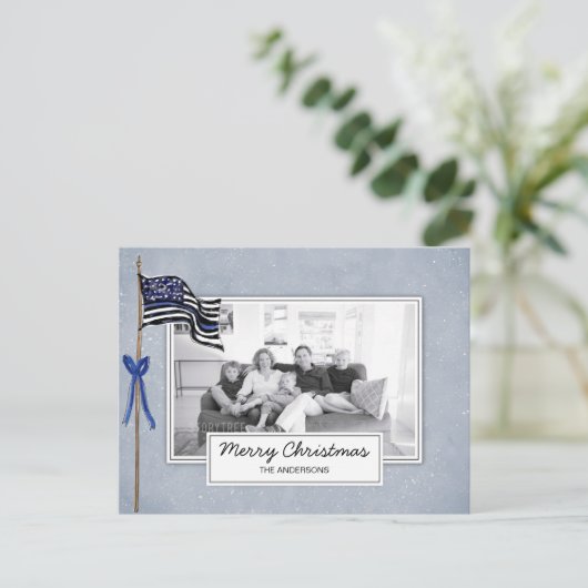 警察薄型ブルーラインアメリカ国旗の家族の写真 シーズンポストカード (スタンド正面)