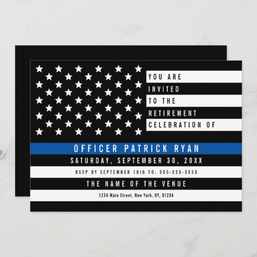 警察薄型ブルーラインアメリカ国旗の引退 招待状 (正面/裏面)