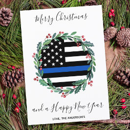 警察薄型ブルーラインクリスマスリース シーズンカード