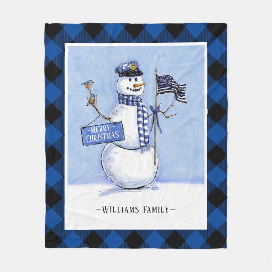 警察薄型ブルーラインフラッグのクリスマスクリスマスプレイド雪だるま フリースブランケット (正面)