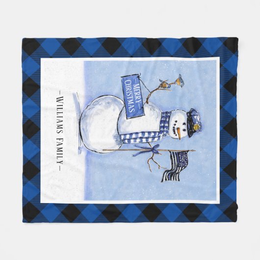 警察薄型ブルーラインフラッグのクリスマスクリスマスプレイド雪だるま フリースブランケット (正面(横))