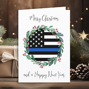 警察薄型ブルーラインフラッグクリスマスリース シーズンカード