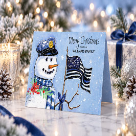 警察薄型ブルーラインフラッグメリークリスマス雪だるま シーズンカード