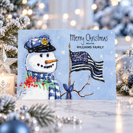 警察薄型ブルーラインフラッグメリークリスマス雪だるま シーズンカード