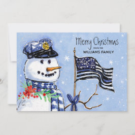 警察薄型ブルーラインフラッグメリークリスマス雪だるま シーズンカード