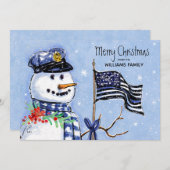 警察薄型ブルーラインフラッグメリークリスマス雪だるま シーズンカード (正面/裏面)