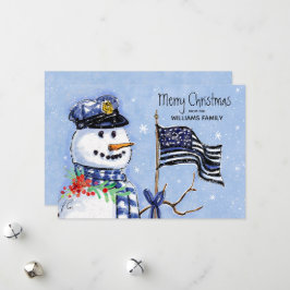 警察薄型ブルーラインフラッグメリークリスマス雪だるま シーズンカード