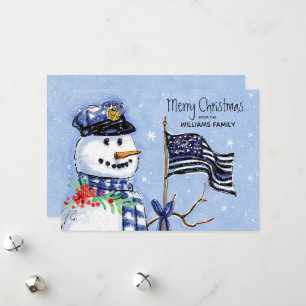 警察薄型ブルーラインフラッグメリークリスマス雪だるま シーズンカード