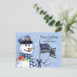 警察薄型ブルーラインフラッグメリークリスマス雪だるま シーズンポストカード