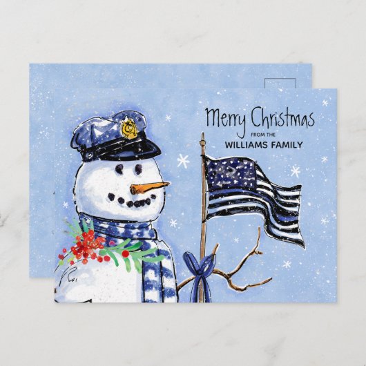 警察薄型ブルーラインフラッグメリークリスマス雪だるま シーズンポストカード (正面/裏面)