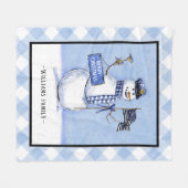 警察薄型ブルーラインフラッグメリークリスマス雪だるま フリースブランケット (正面(横))