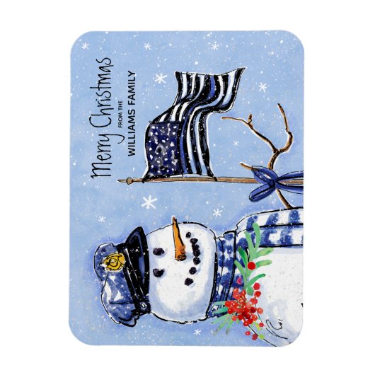 警察薄型ブルーラインフラッグメリークリスマス雪だるま マグネット (縦)