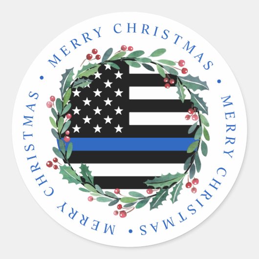 警察薄型ブルーラインリースメリークリスマス ラウンドシール (正面)