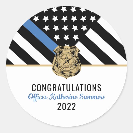 警察薄型ブルーライン国旗のおめでとう卒業 ラウンドシール (正面)