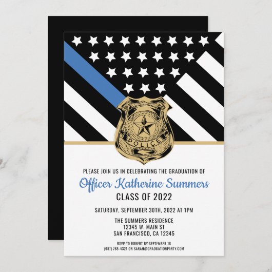 警察薄型ブルーライン国旗のおめでとう卒業 招待状 (正面/裏面)