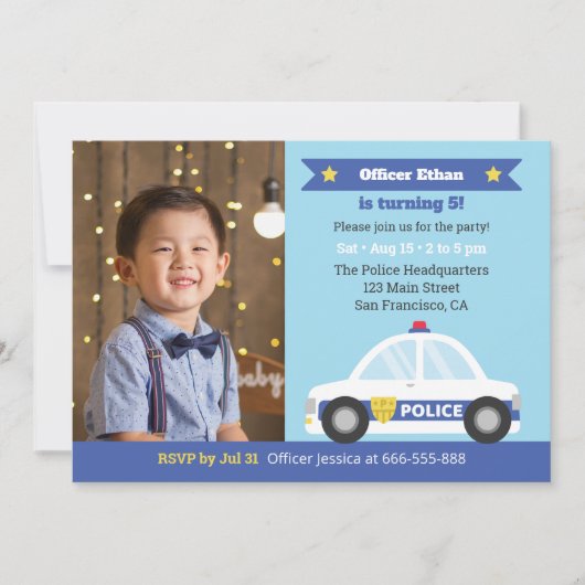 警察車の警察をテーマにした少年の誕生日パーティーの写真 招待状 (正面)