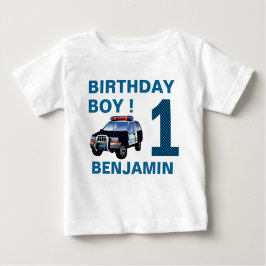 警察車の1歳誕生日パーティー ベビーTシャツ