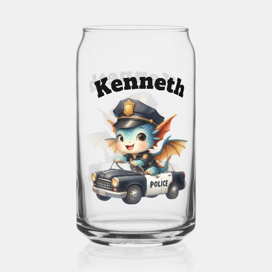 警察車を運転する小さな魅力的ドラゴン警官 ガラス缶 (正面)