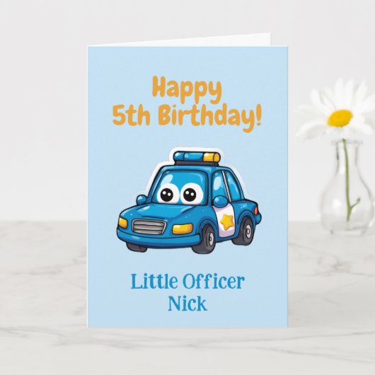 警察車両おめでとう、少年、5歳の誕生日 カード (小さな植物)