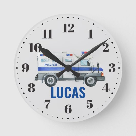 警察車両ボーイズベッドルーム子供部屋デコール ラウンド壁時計 (正面)