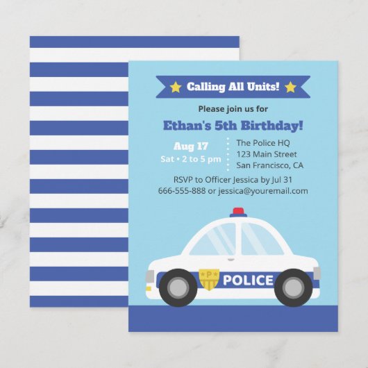 警察車両 警察テーマの誕生日パーティー 招待状 (正面/裏面)