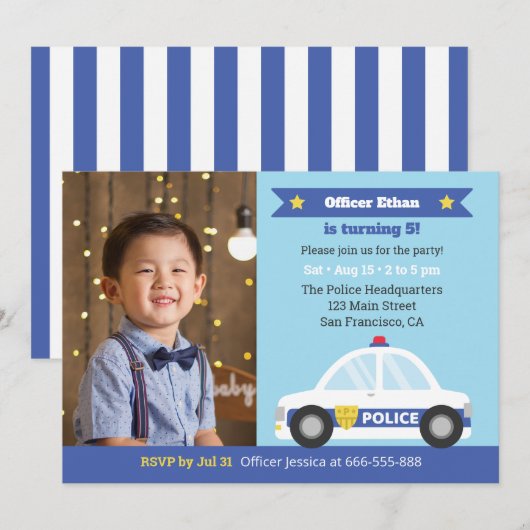 警察車両 警察 パーティー 少年 誕生日 写真 招待状 (正面/裏面)