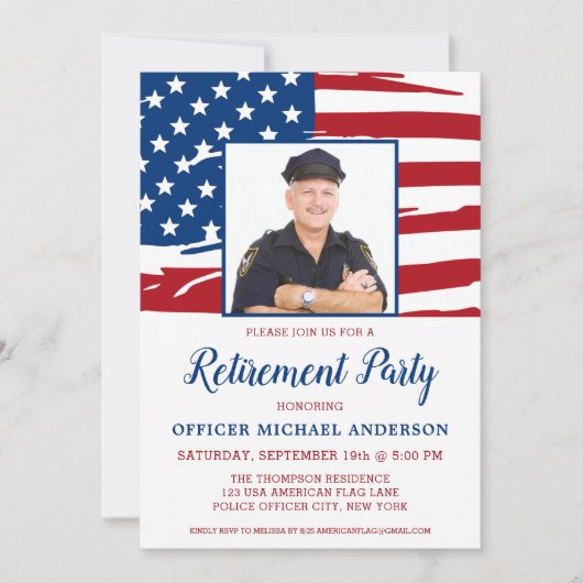 警察退職パーティー写真米国アメリカ国旗 招待状 (正面)