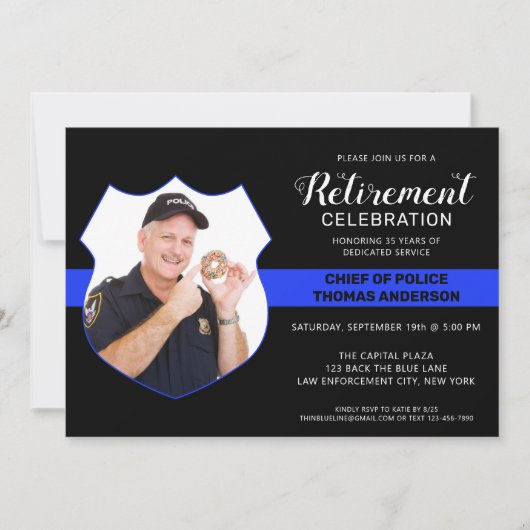 警察退職パーティー写真薄い青い線 招待状 (正面)