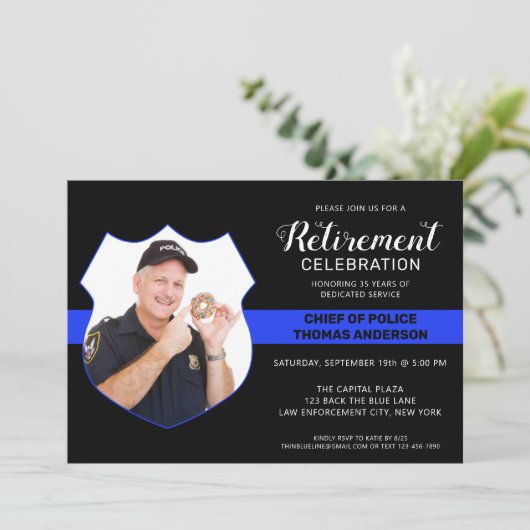 警察退職パーティー写真薄い青い線 招待状 (スタンド正面)