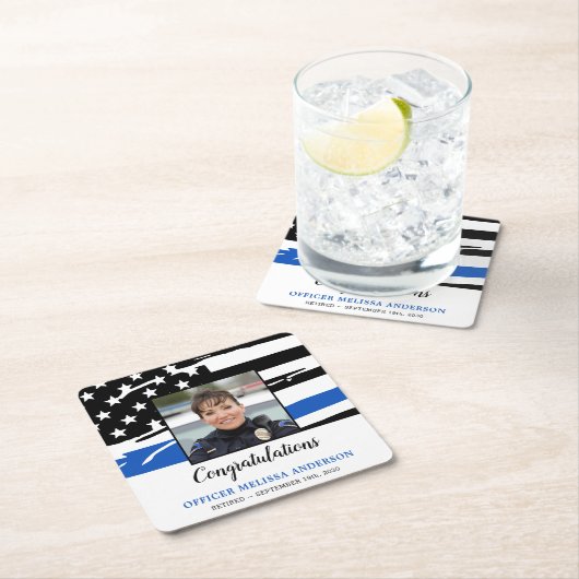 警察退職パーティー写真青線 スクエアペーパーコースター (インサイチュ)