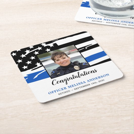 警察退職パーティー写真青線 スクエアペーパーコースター (アングル)