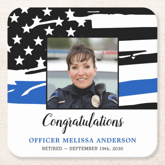 警察退職パーティー写真青線 スクエアペーパーコースター (正面)