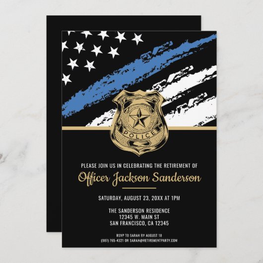 警察退職パーティー法執行青色線 招待状 (正面/裏面)