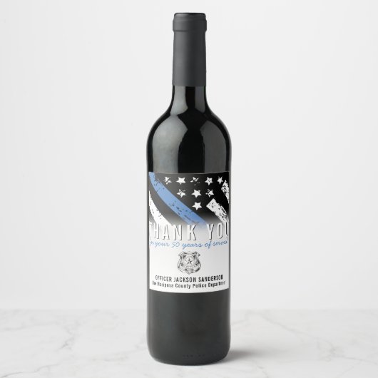 警察退職記念日シンブルーライン国旗 ワインラベル (正面)